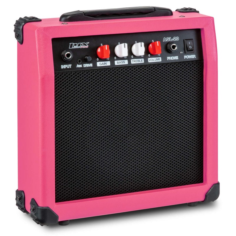 LyxPro Electric Guitar Amp 20 Watt Amplifier Built in Speaker Headphone Jack and Aux Input Includes Gain Bass Treble Volume and Grind - Pink - Image 5